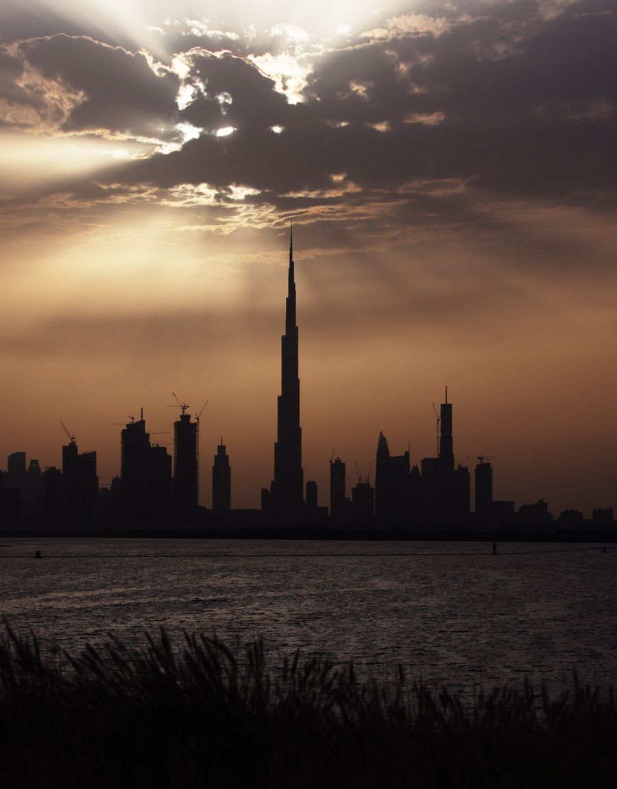 Dubai towers at dusk, seen from Dubai Silicon Oasis